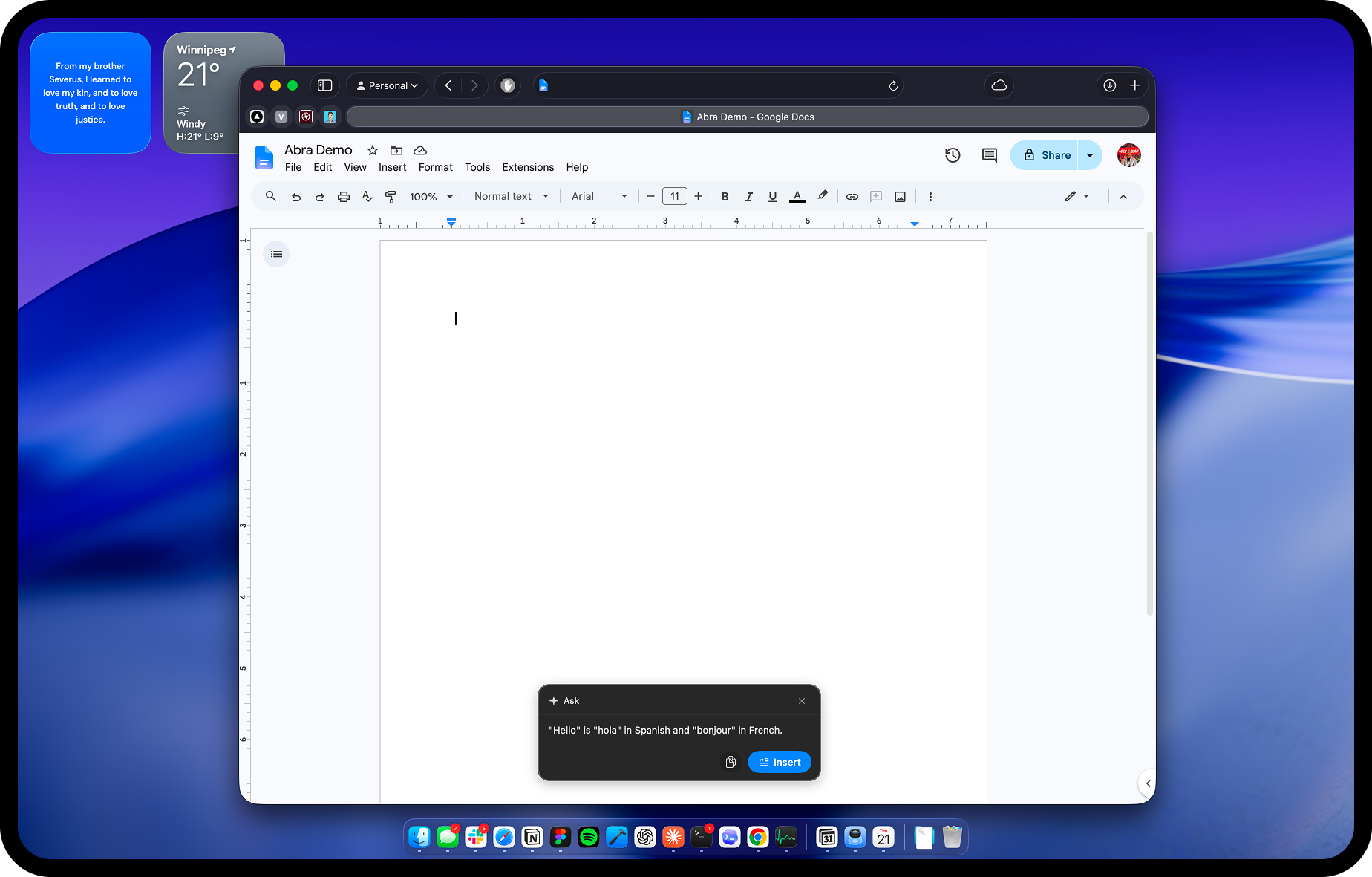 Abra Voice running on macOS, showing the Ask mode overlay inside a Google Docs window.