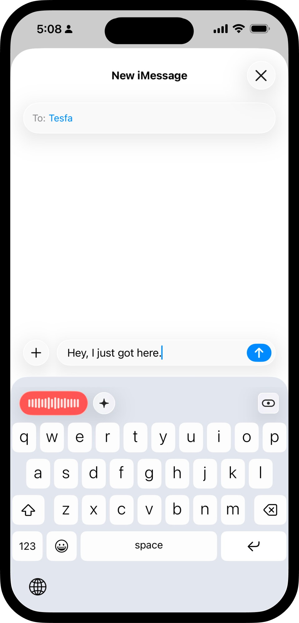 Abra Voice installed as a system keyboard on iPhone, showing the recording indicator above the keyboard in iMessage.