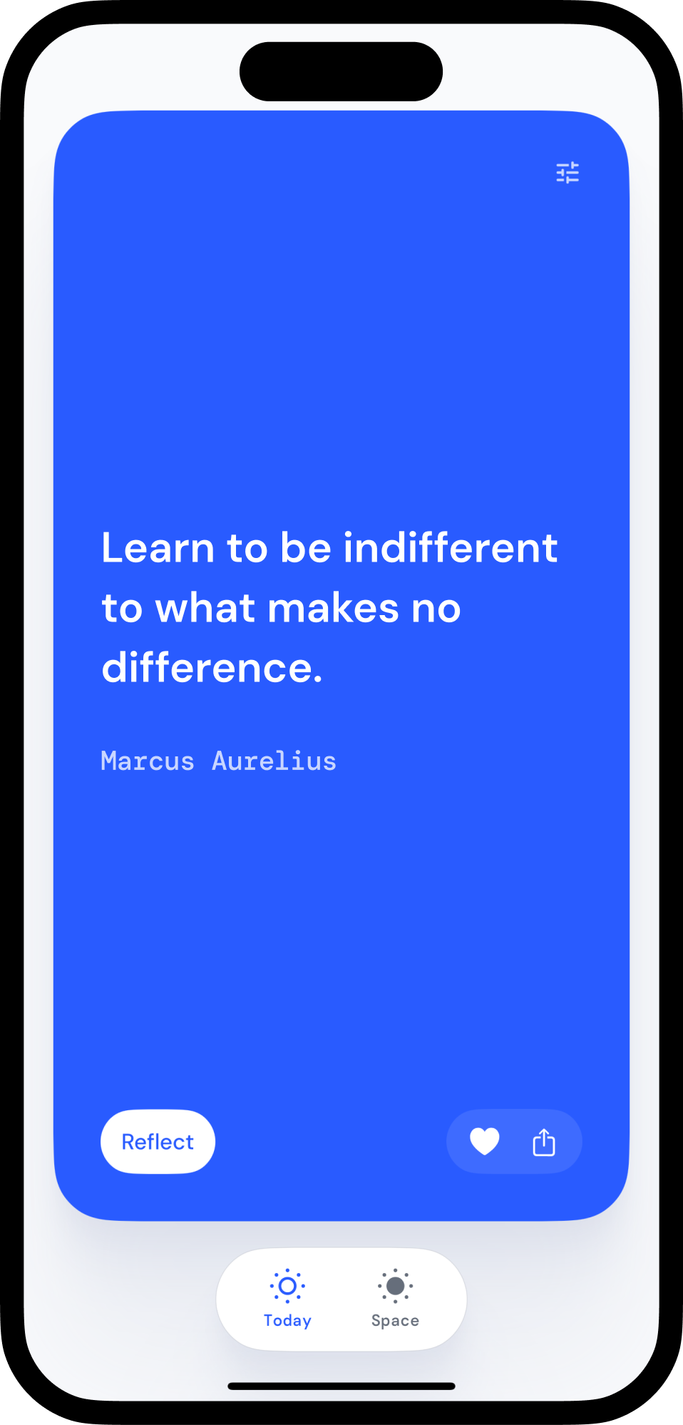 Stoic Space app showing a Marcus Aurelius passage with a Reflect button.