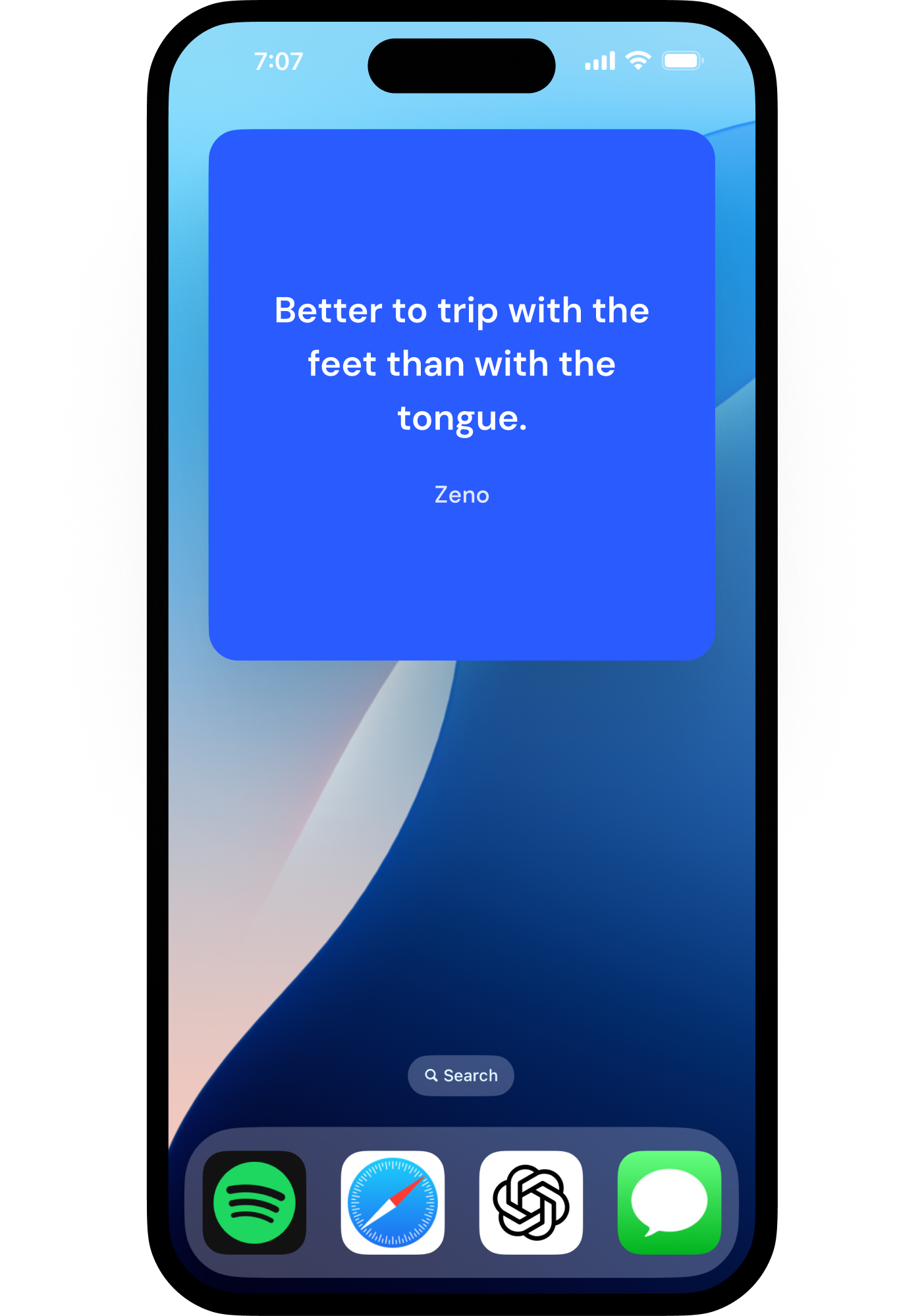 Stoic Space widget on the iPhone home screen, showing a passage from Zeno.
